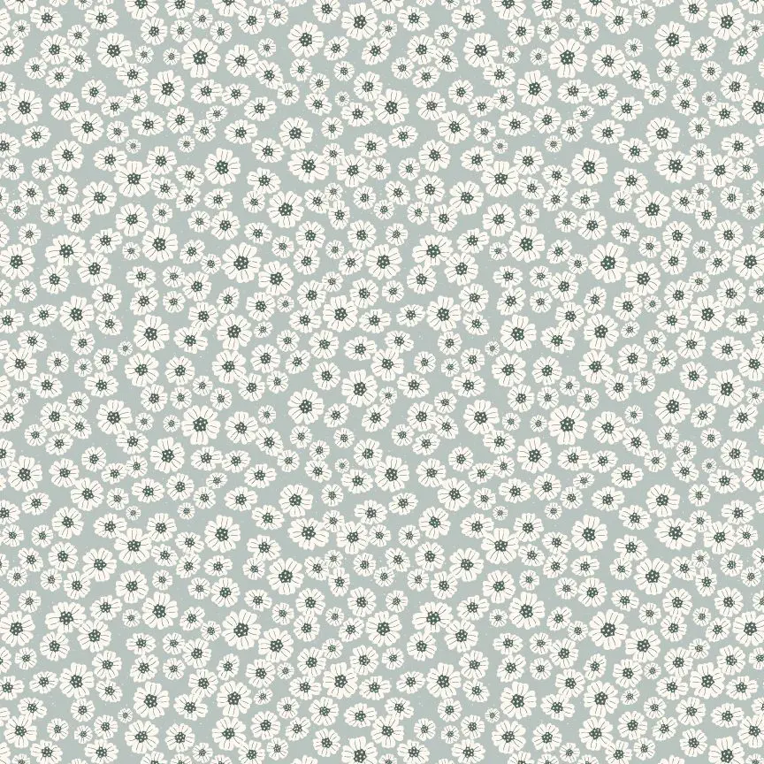 A pattern of white flowers on a light blue background.